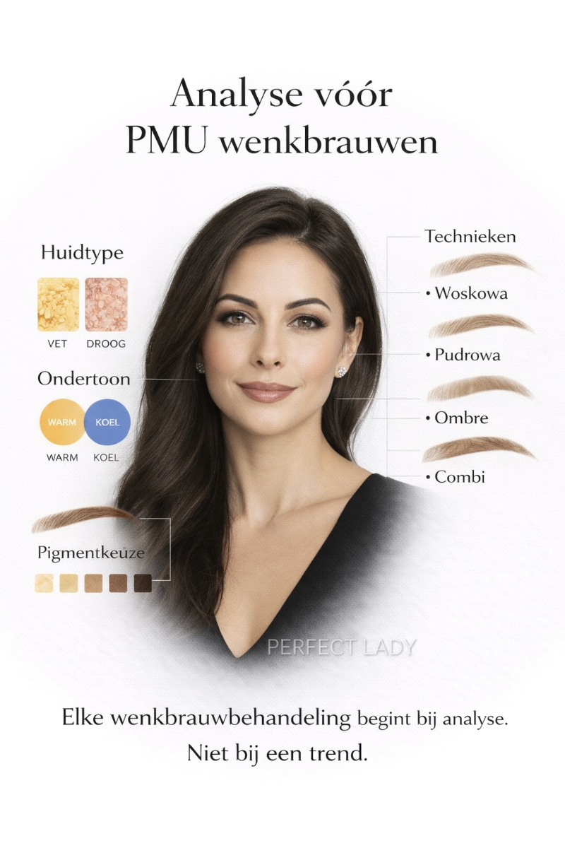 Analyse vóór PMU wenkbrauwen bij Perfect Lady – huidtype, ondertoon en techniekkeuze